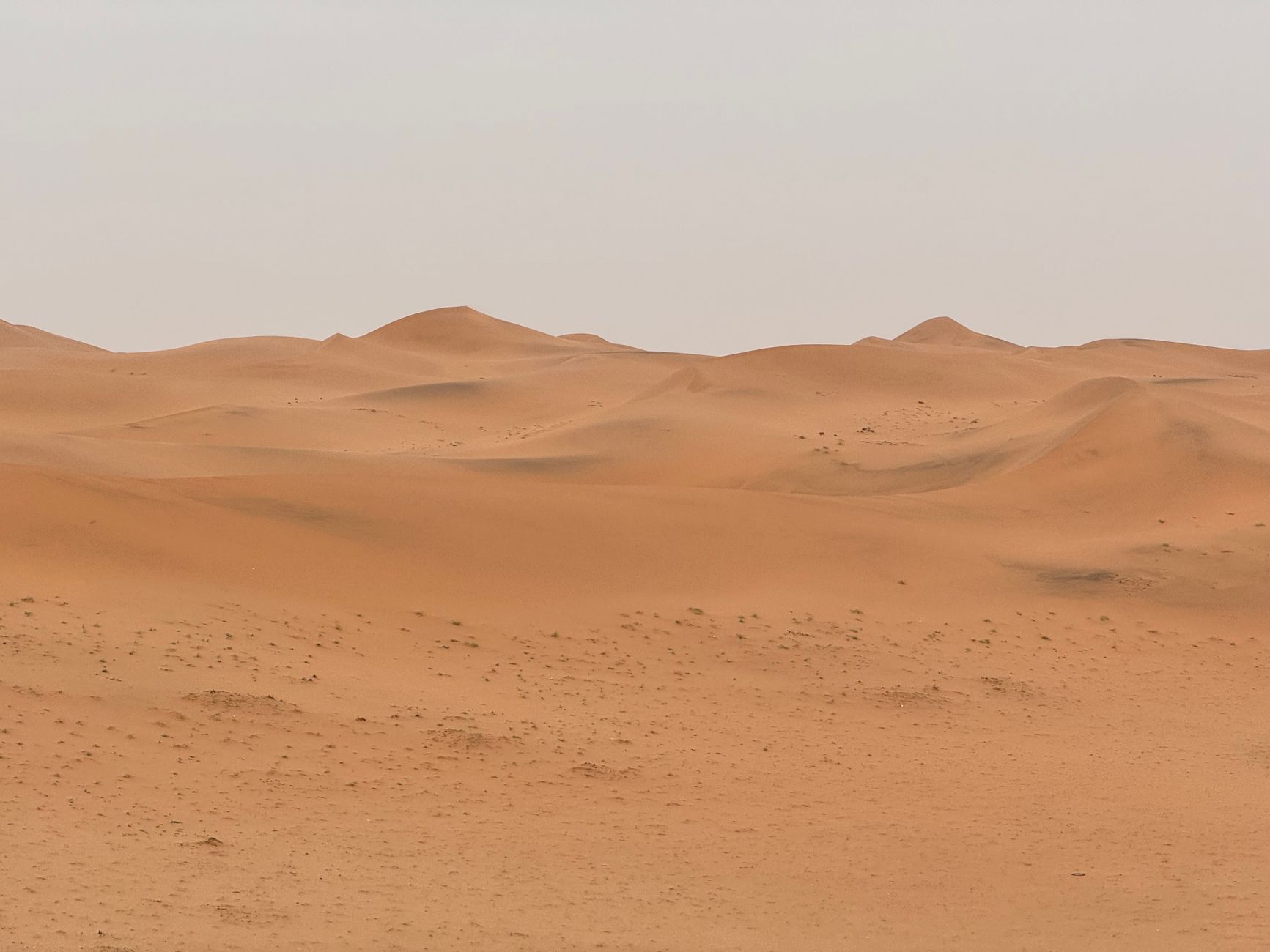 A vast and tranquil desert landscape with rolling sand dunes in Riyadh, Saudi Arabia.