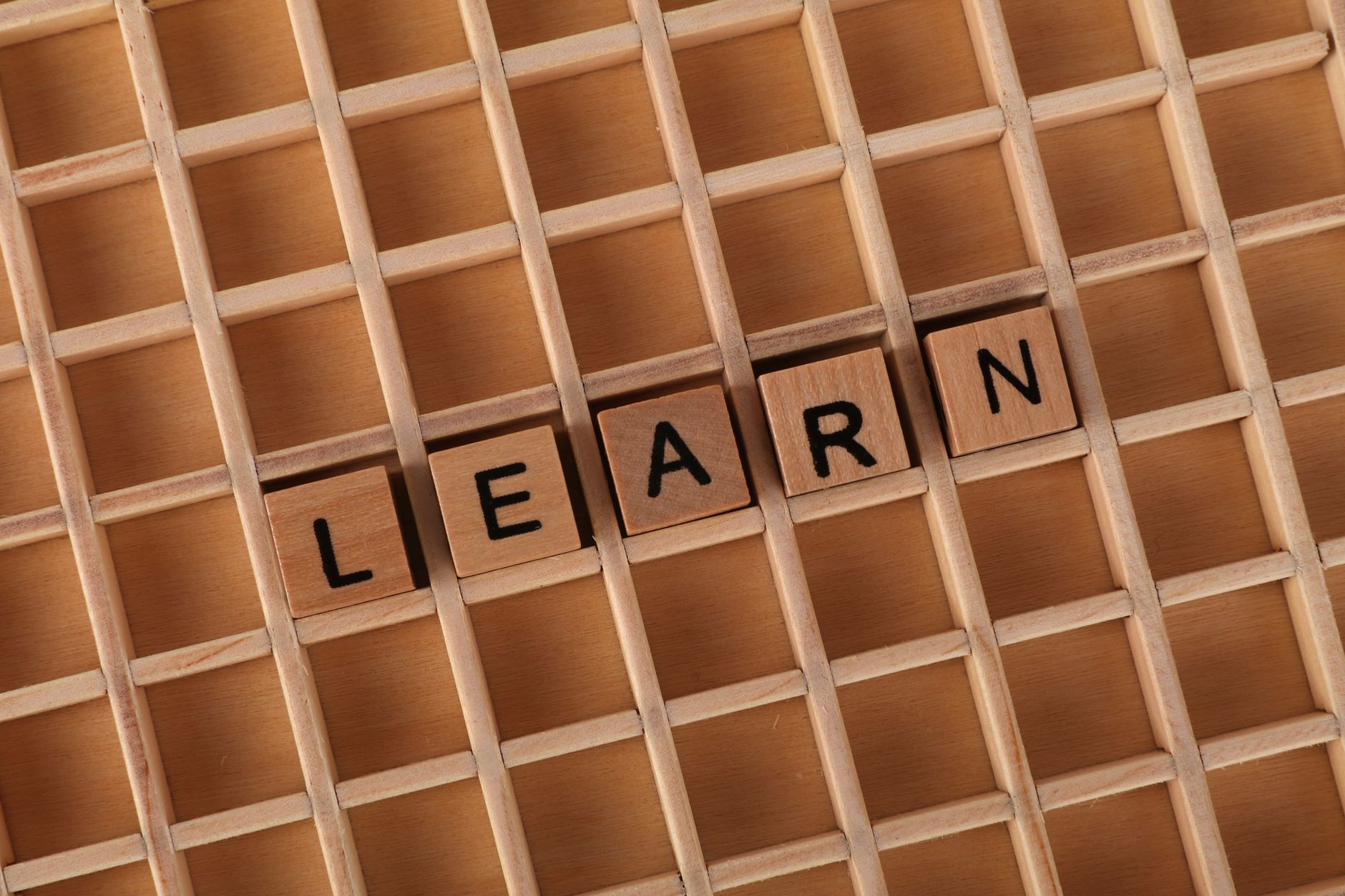 Wooden letter blocks spelling 'Learn' placed on a wooden grid background.