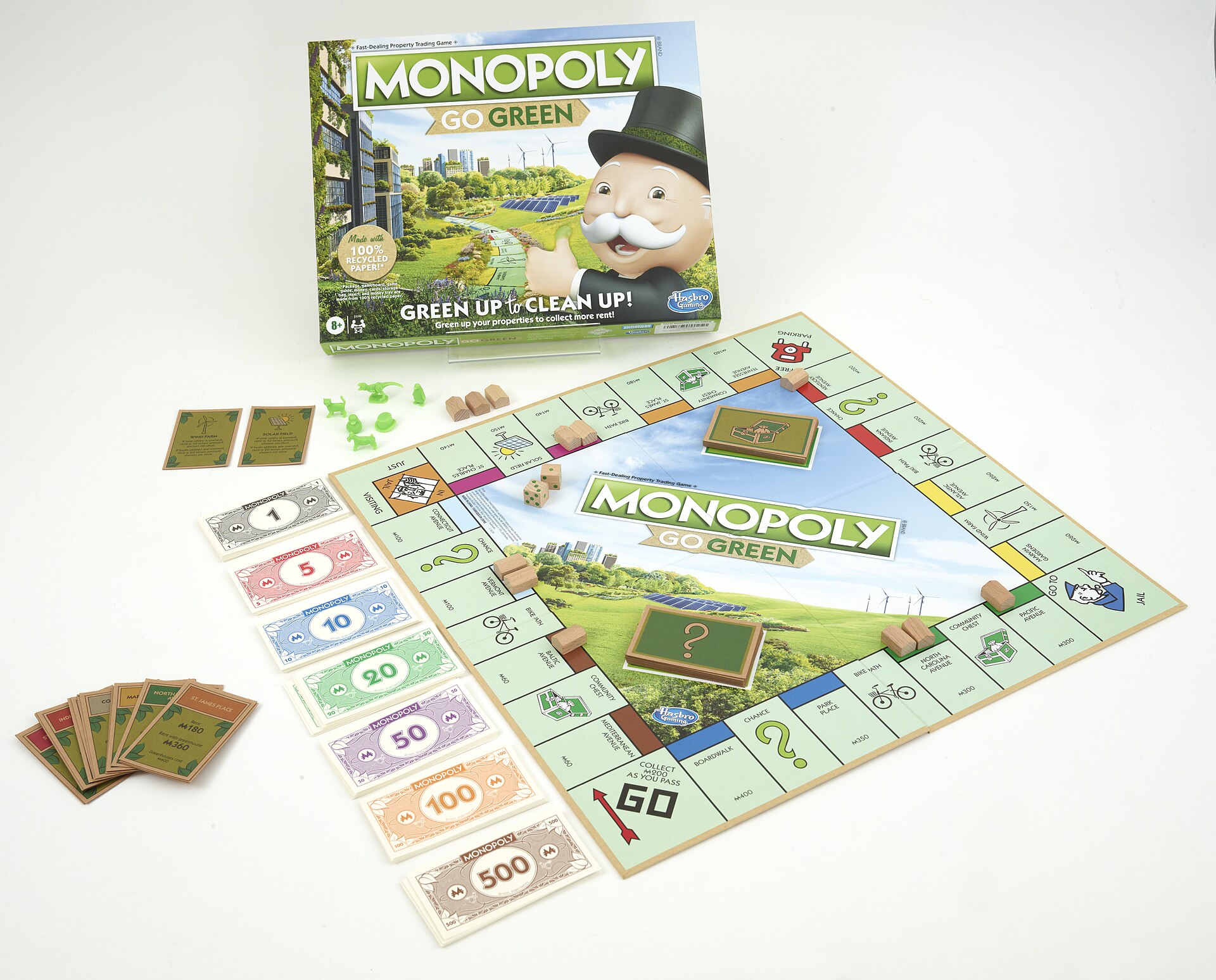 A rectangular box with an illustration of a city using multiple forms of renewable energy and the iconic Mr. Monopoly. Box contains 1 instru