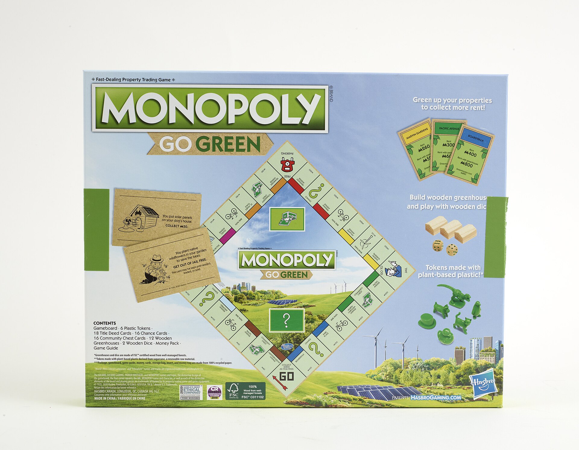 A rectangular box with an illustration of a city using multiple forms of renewable energy and the iconic Mr. Monopoly. Box contains 1 instru