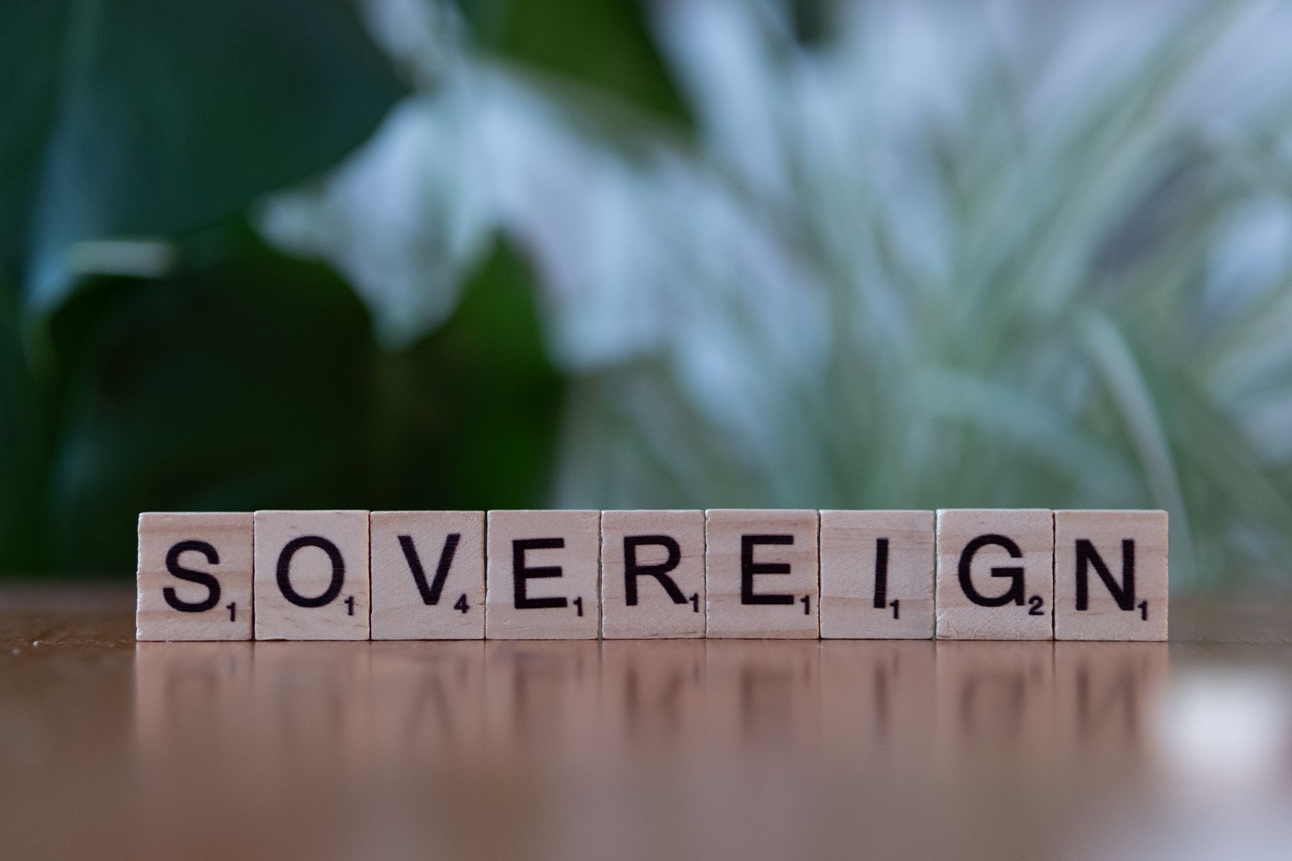 Close-up of wooden Scrabble tiles spelling 'sovereign' on a table with blurred green background.
